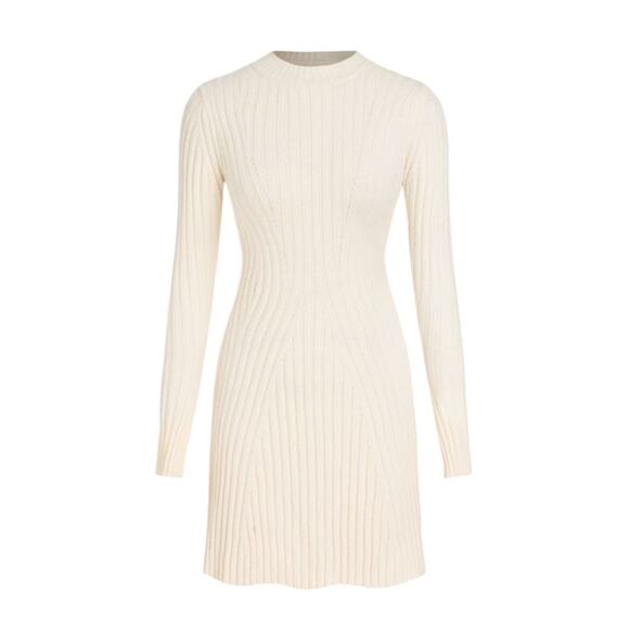 Cider Ribbed Round Neck Ruffle Stretch Cream Mini Dress Women's Size 10 - Picture 1 of 9